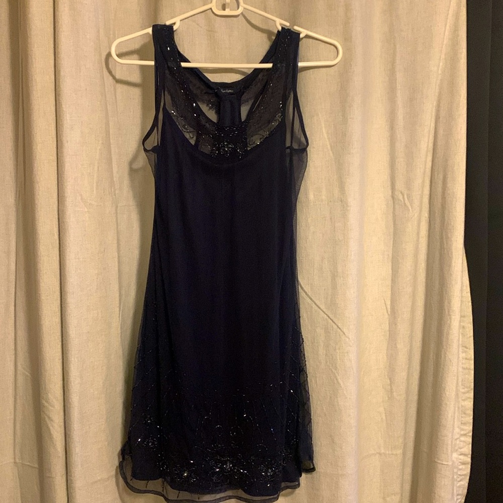 American Eagle Navy Blue Sheer/Lined Beaded Dress-Small